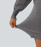 One Shoulder Batwing Long Sleeve Bodycon Mini Work Jumper Dress — Storm Front — view 4