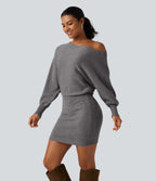 One Shoulder Batwing Long Sleeve Bodycon Mini Work Jumper Dress — Storm Front — view 3
