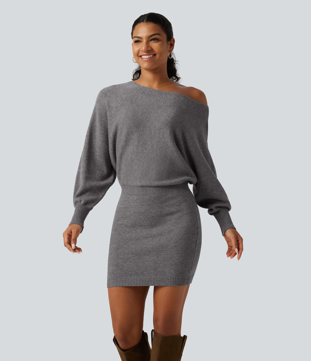 One Shoulder Batwing Long Sleeve Bodycon Mini Work Jumper Dress — Storm Front — view 1