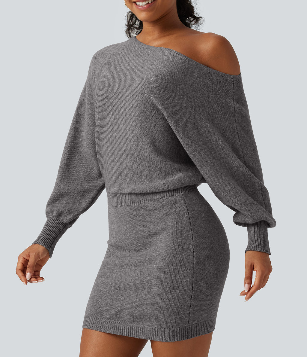 One Shoulder Batwing Long Sleeve Bodycon Mini Work Jumper Dress — Storm Front — view 5
