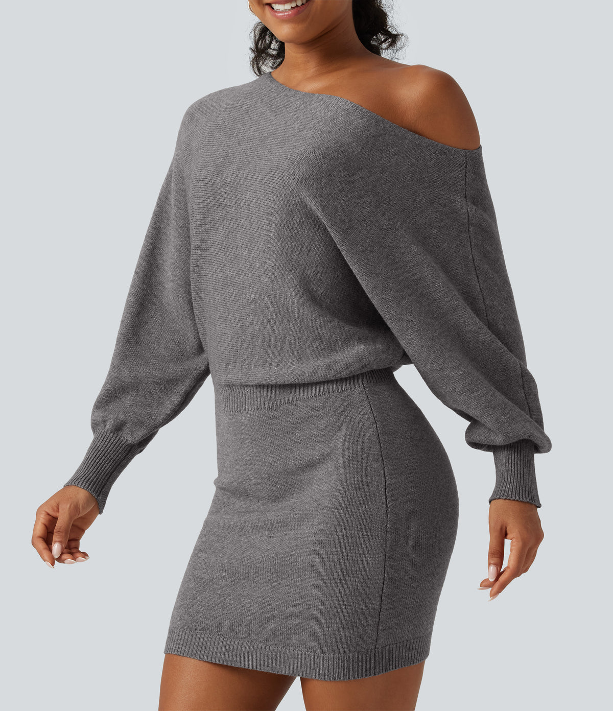 One Shoulder Batwing Long Sleeve Bodycon Mini Work Jumper Dress — Storm Front — view 5