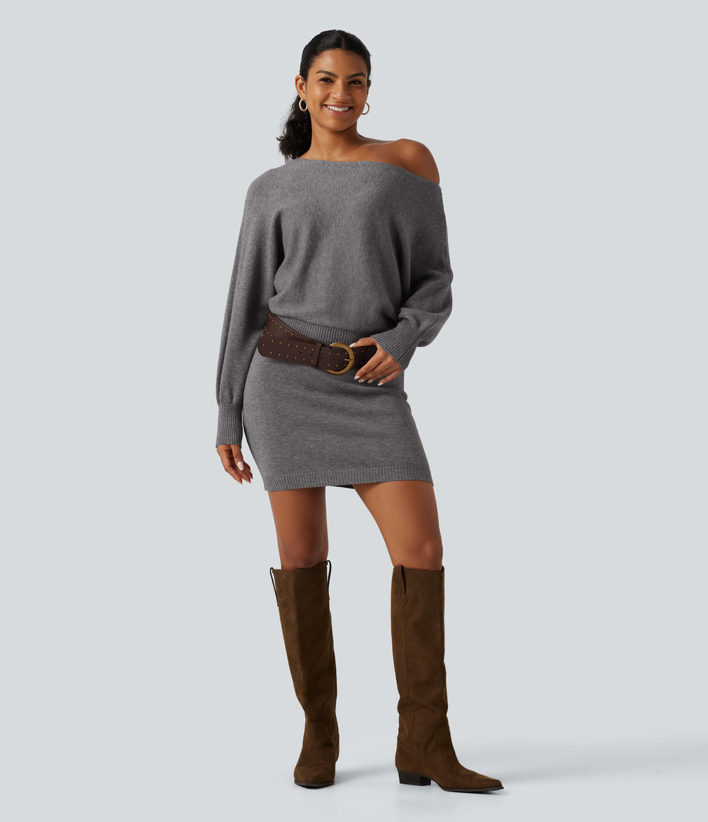 One Shoulder Batwing Long Sleeve Bodycon Mini Work Jumper Dress — Storm Front — view 6