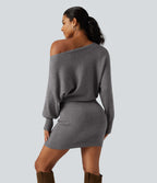 One Shoulder Batwing Long Sleeve Bodycon Mini Work Jumper Dress — Storm Front — view 2