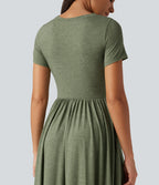 Round Neck Short Sleeve A-Line Flowy Midi Casual Dress with Pockets — Light Green Floral Yarn — view 5