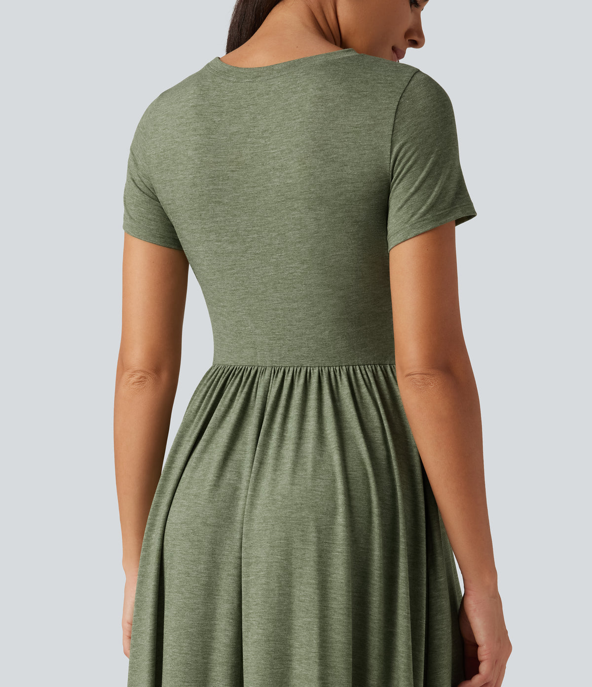 Round Neck Short Sleeve A-Line Flowy Midi Casual Dress with Pockets — Light Green Floral Yarn — view 5