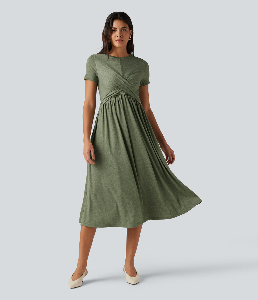 Round Neck Short Sleeve A-Line Flowy Midi Casual Dress with Pockets — Light Green Floral Yarn — view 1