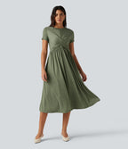 Round Neck Short Sleeve A-Line Flowy Midi Casual Dress with Pockets — Light Green Floral Yarn — view 1