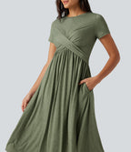 Round Neck Short Sleeve A-Line Flowy Midi Casual Dress with Pockets — Light Green Floral Yarn — view 4