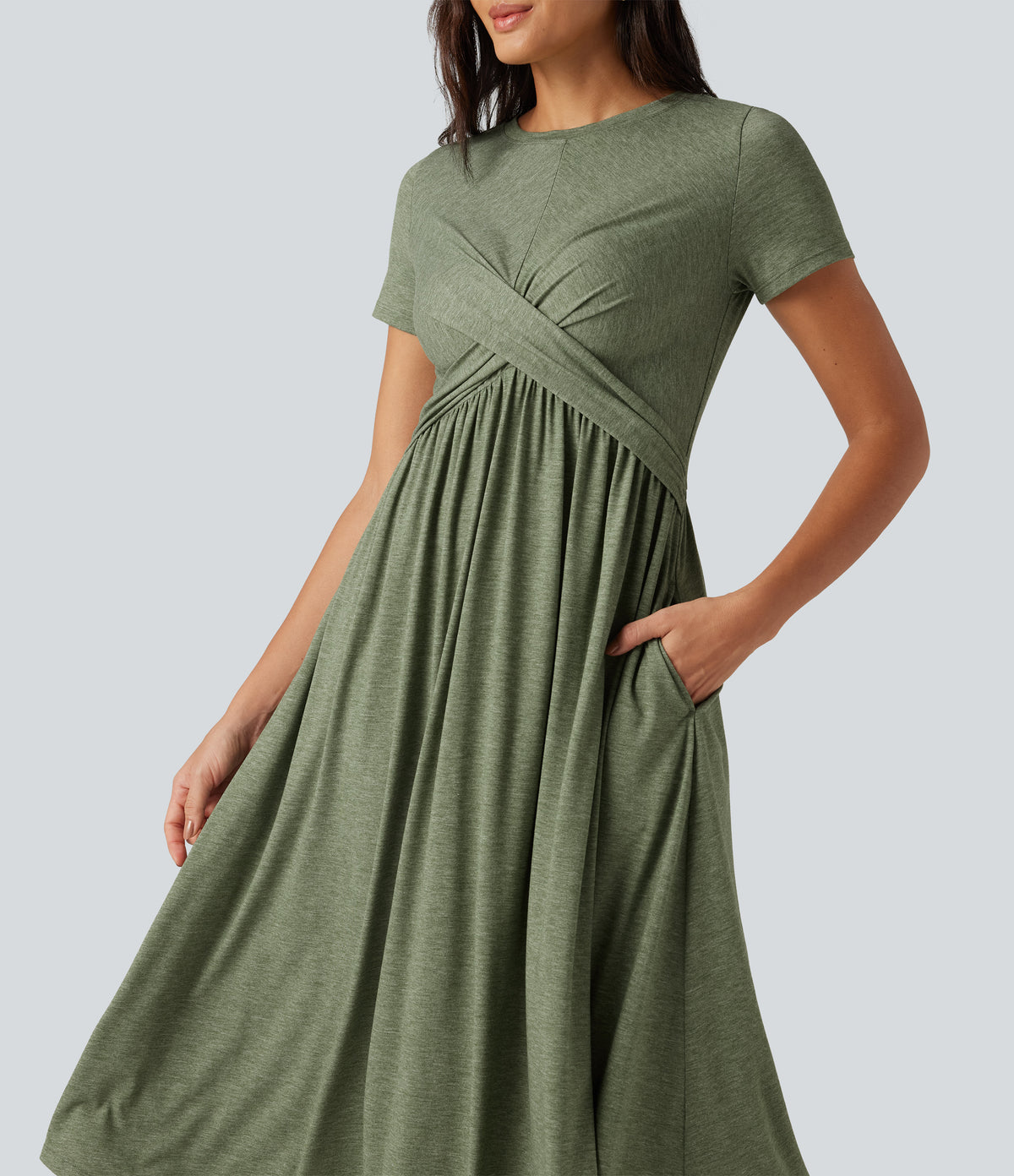 Round Neck Short Sleeve A-Line Flowy Midi Casual Dress with Pockets — Light Green Floral Yarn — view 4