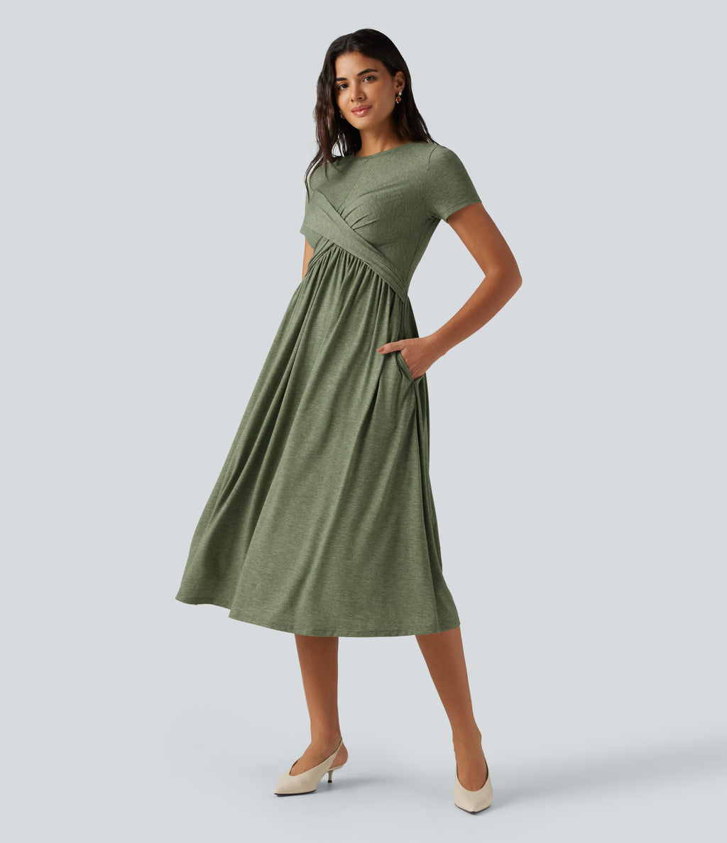 Round Neck Short Sleeve A-Line Flowy Midi Casual Dress with Pockets — Light Green Floral Yarn — view 3