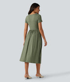 Round Neck Short Sleeve A-Line Flowy Midi Casual Dress with Pockets — Light Green Floral Yarn — view 2