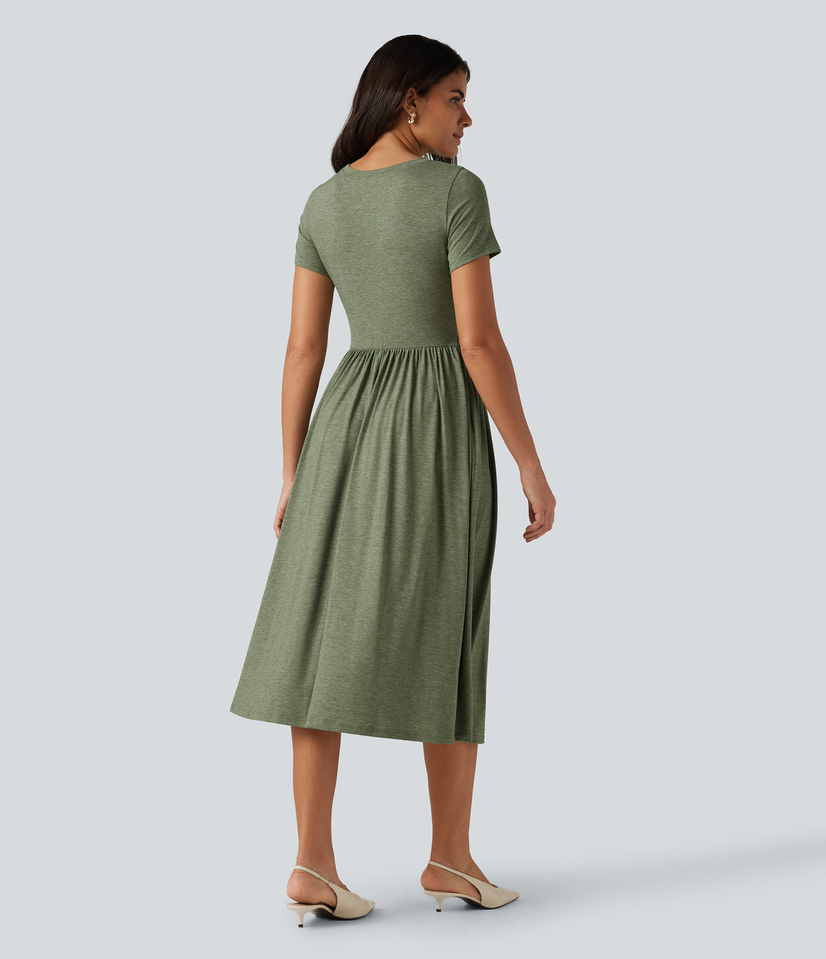 Round Neck Short Sleeve A-Line Flowy Midi Casual Dress with Pockets — Light Green Floral Yarn — view 2