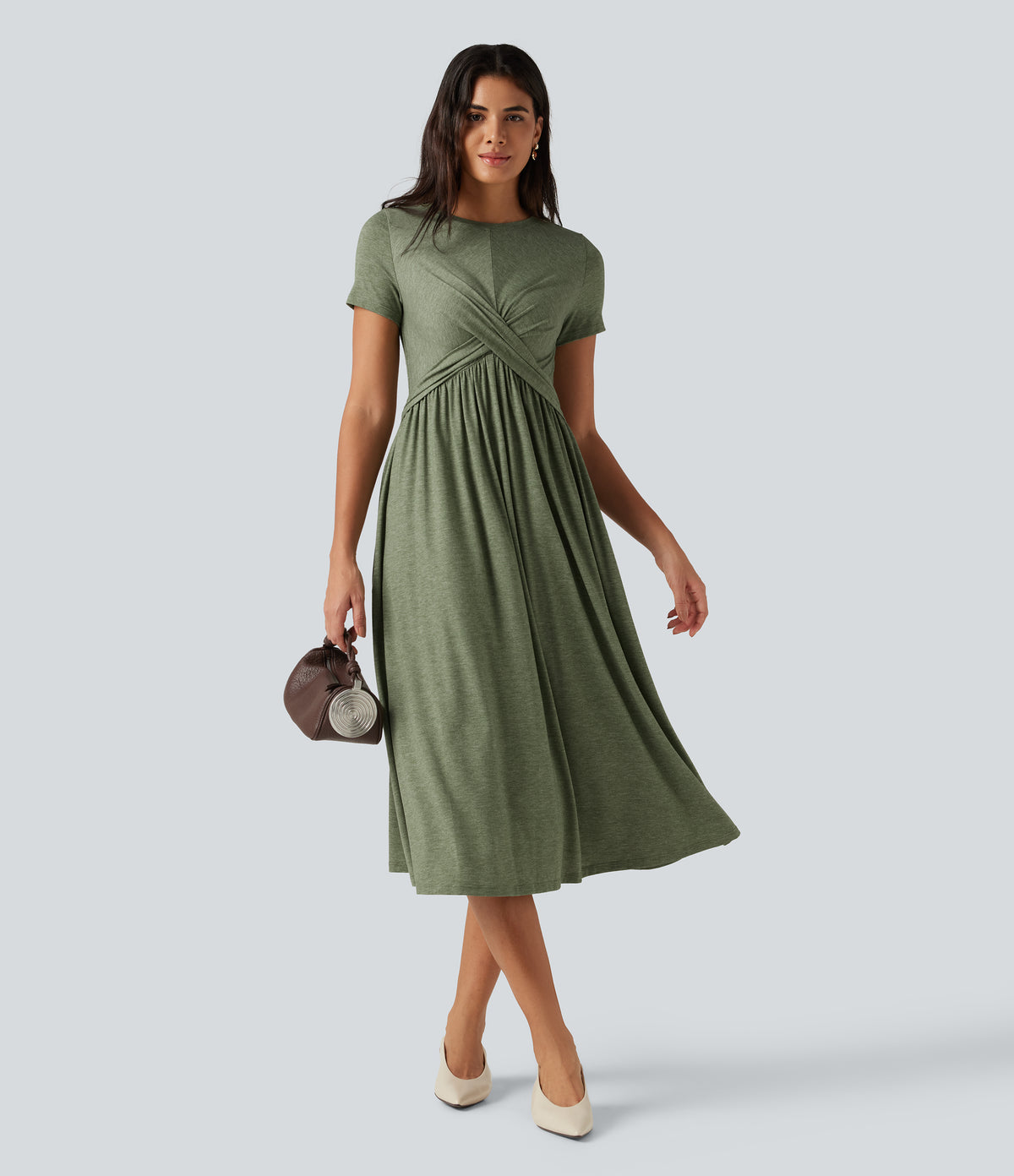 Round Neck Short Sleeve A-Line Flowy Midi Casual Dress with Pockets — Light Green Floral Yarn — view 6