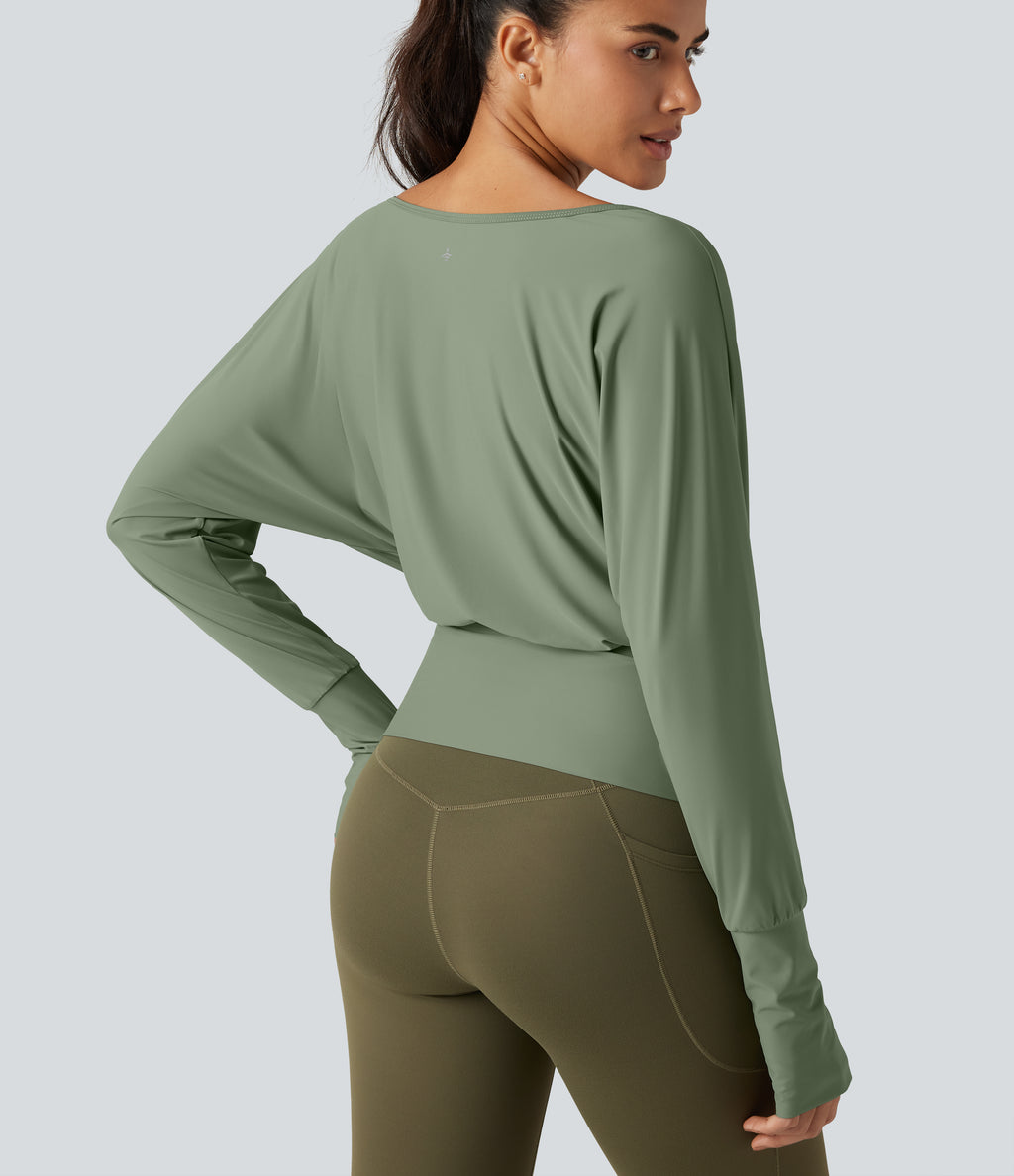 Off Shoulder Batwing Long Sleeve Sports Tops — Hedge Green — view 4