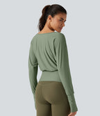 Off Shoulder Batwing Long Sleeve Sports Tops — Hedge Green — view 2