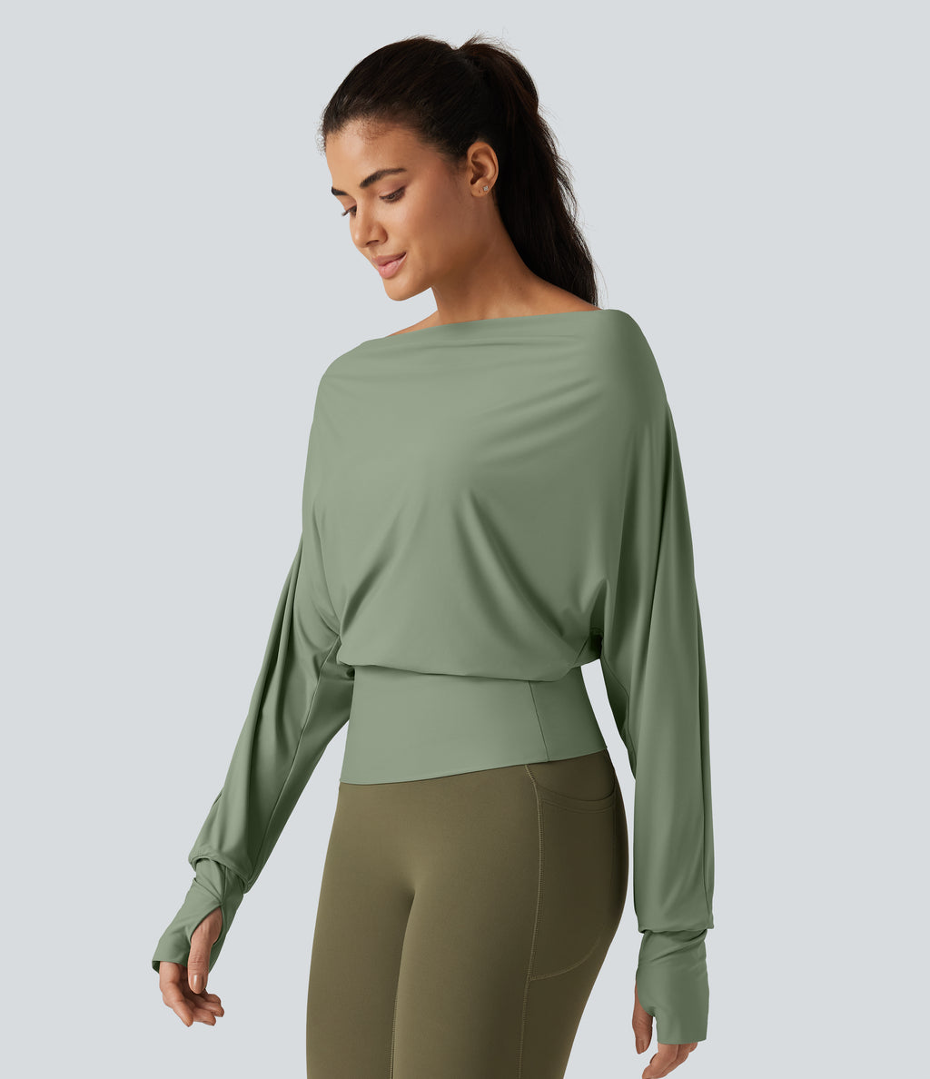 Off Shoulder Batwing Long Sleeve Sports Tops — Hedge Green — view 3