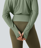 Off Shoulder Batwing Long Sleeve Sports Tops — Hedge Green — view 8