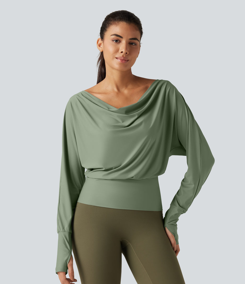 Off Shoulder Batwing Long Sleeve Sports Tops — Hedge Green — view 6