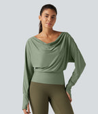 Off Shoulder Batwing Long Sleeve Sports Tops — Hedge Green — view 6