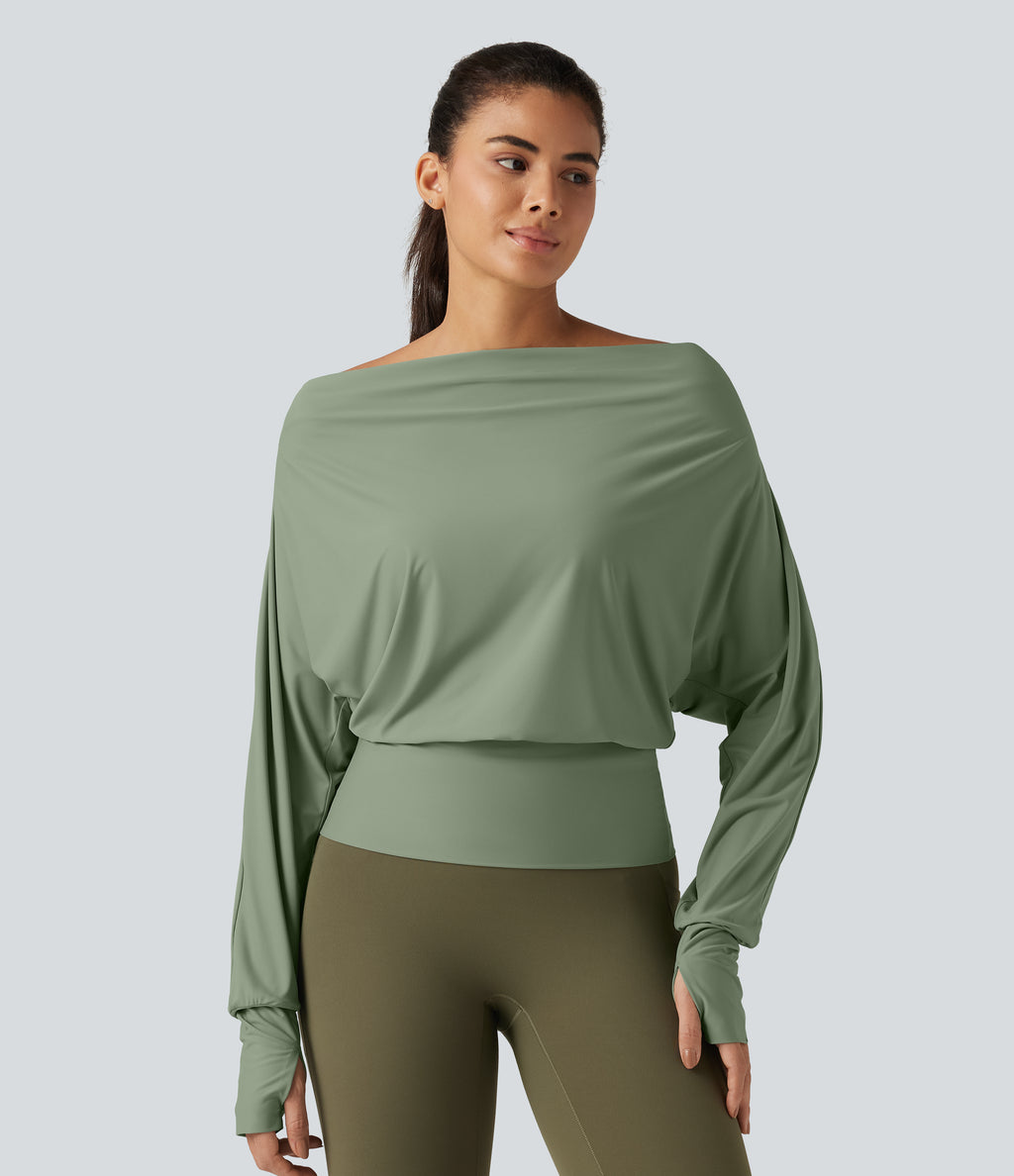 Off Shoulder Batwing Long Sleeve Sports Tops — Hedge Green — view 5
