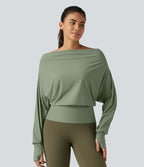 Off Shoulder Batwing Long Sleeve Sports Tops — Hedge Green — view 5