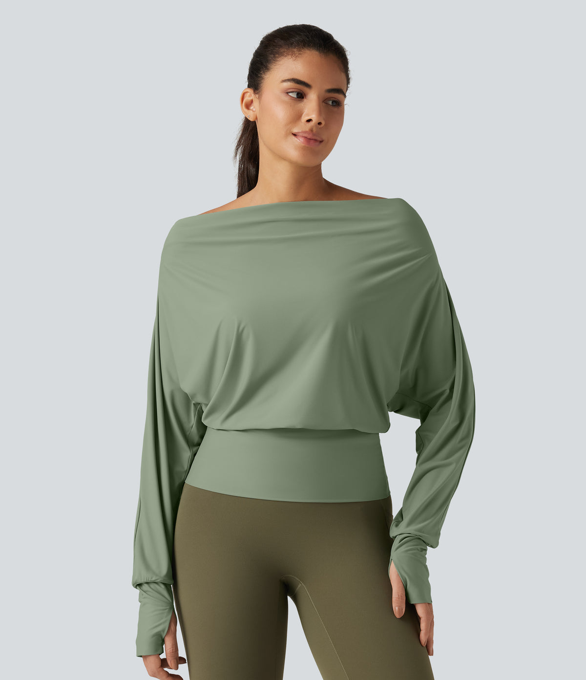 Off Shoulder Batwing Long Sleeve Sports Tops — Hedge Green — view 5