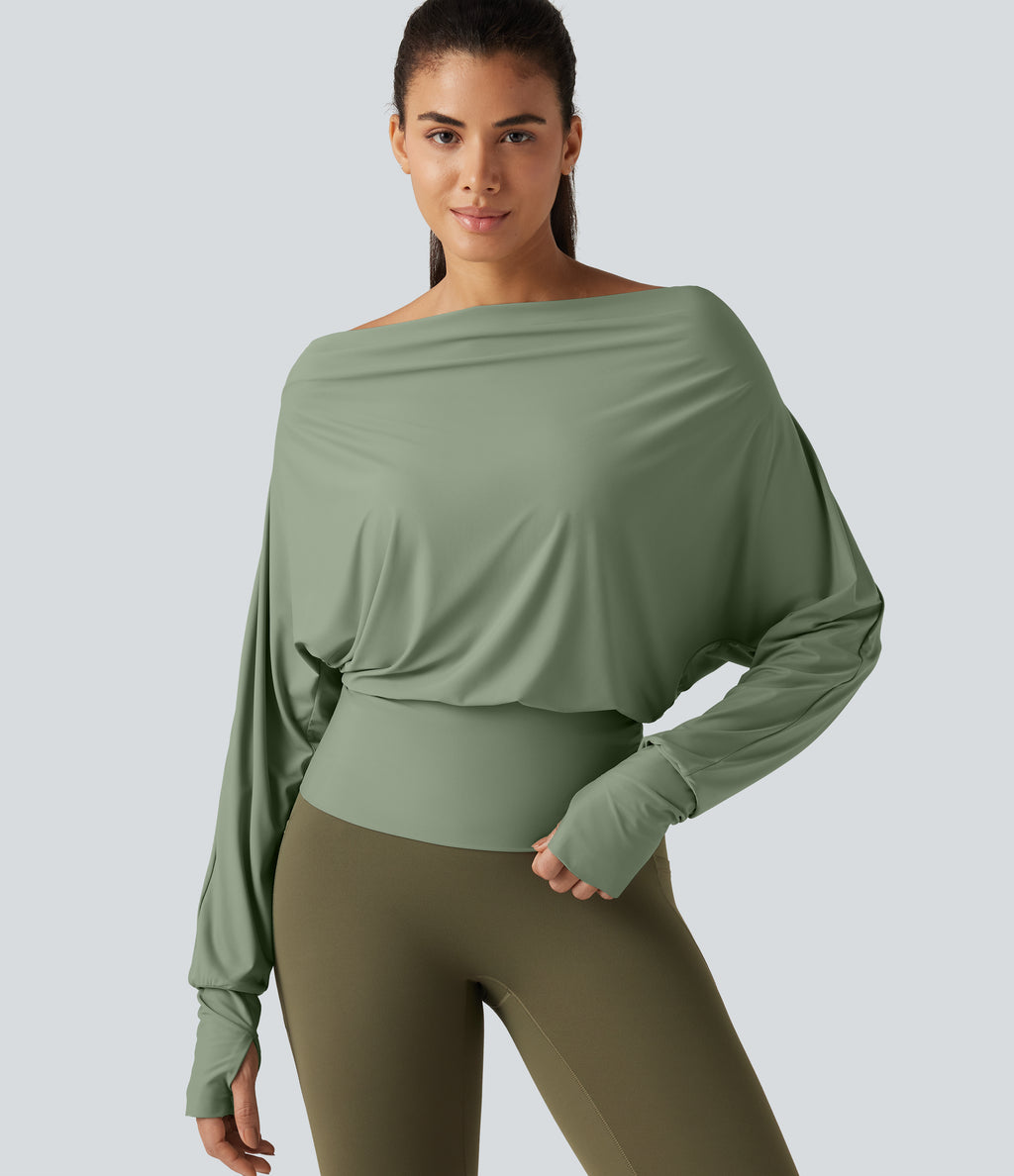 Off Shoulder Batwing Long Sleeve Sports Tops — Hedge Green — view 1