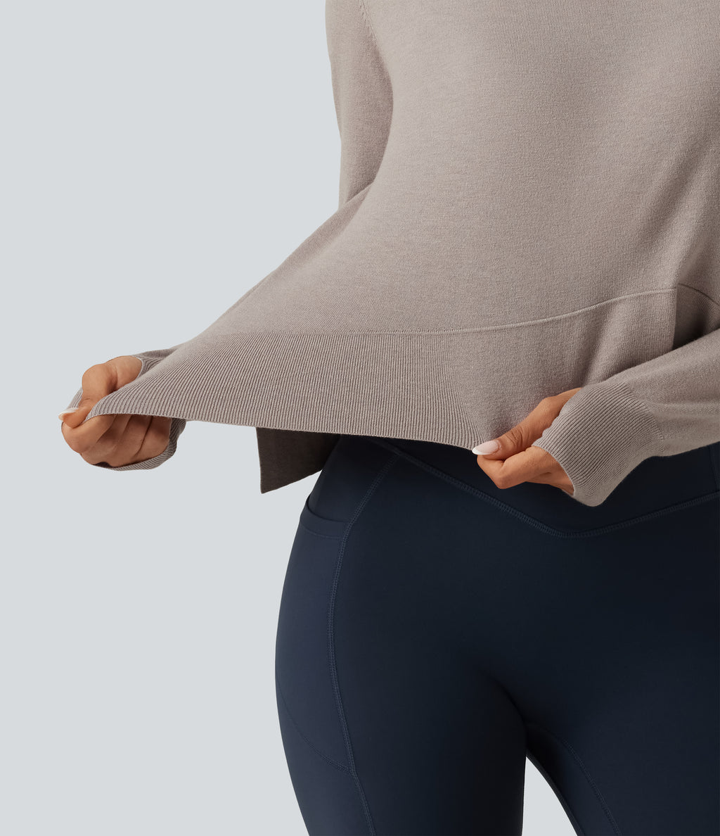 Round Neck Long Sleeve Asymmetric Thumb Holes Casual Jumper — Mink Ash — view 5