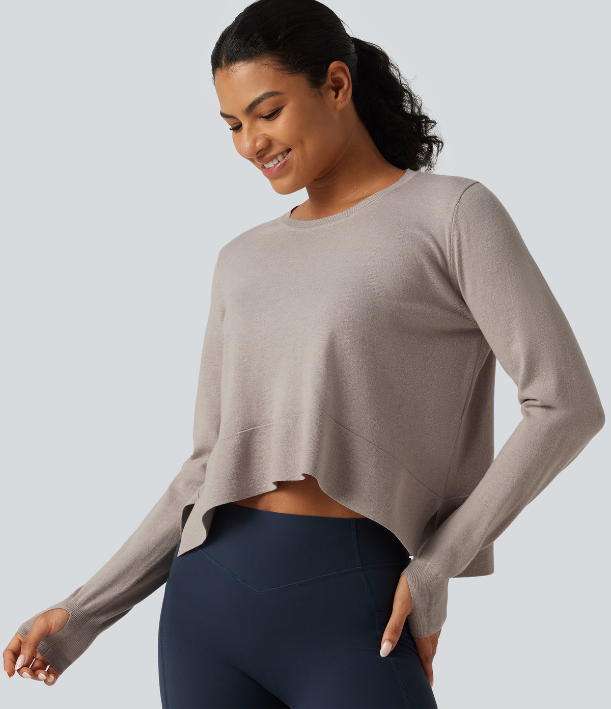 Round Neck Long Sleeve Asymmetric Thumb Holes Casual Jumper — Mink Ash — view 4
