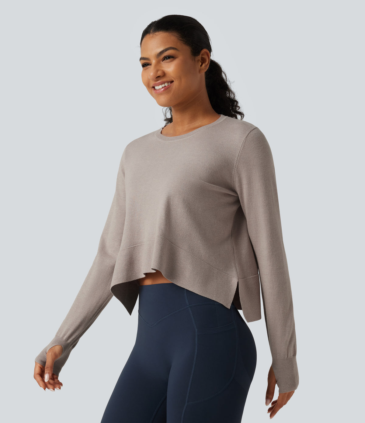Round Neck Long Sleeve Asymmetric Thumb Holes Casual Jumper — Mink Ash — view 3