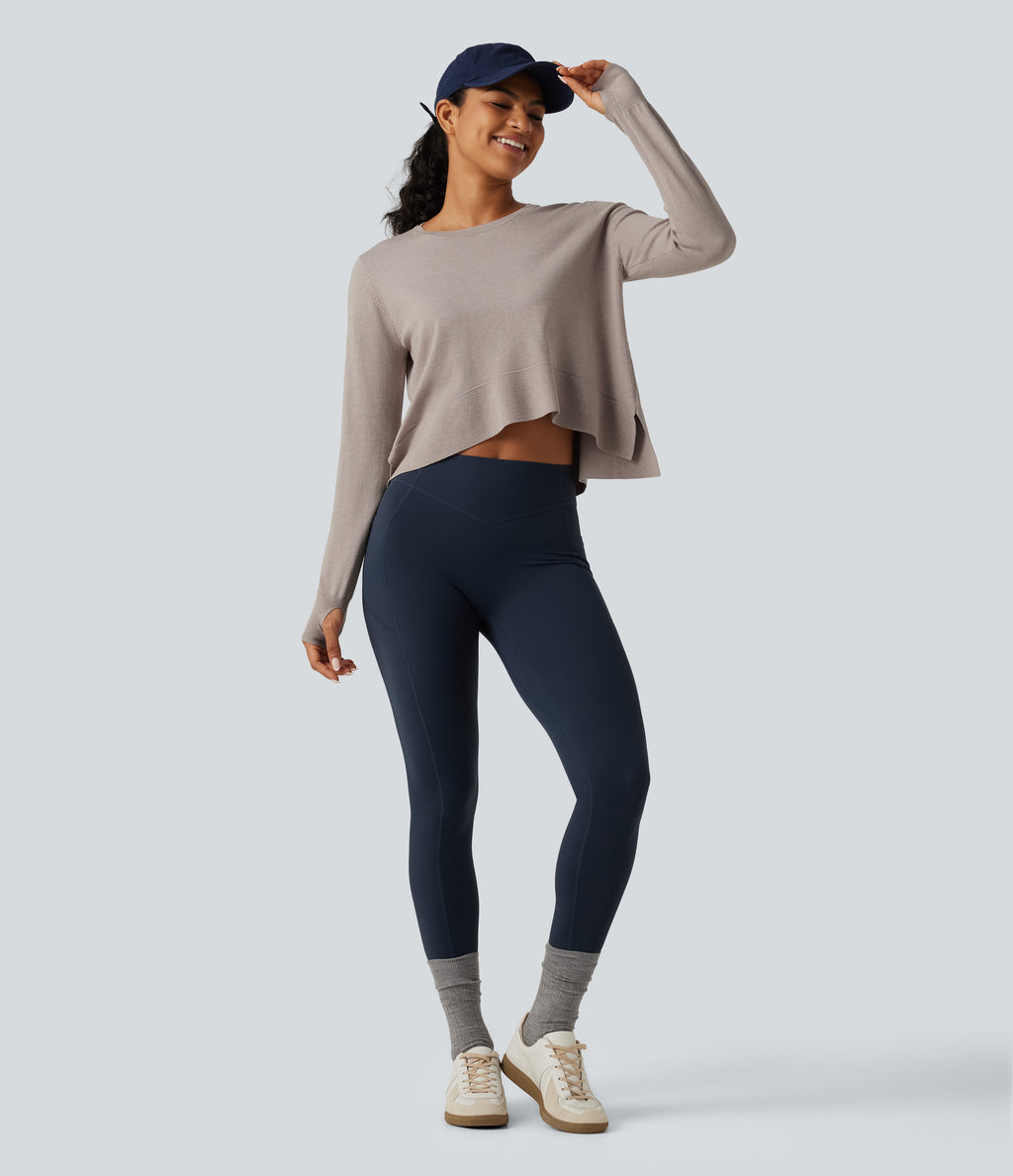 Round Neck Long Sleeve Asymmetric Thumb Holes Casual Jumper — Mink Ash — view 8