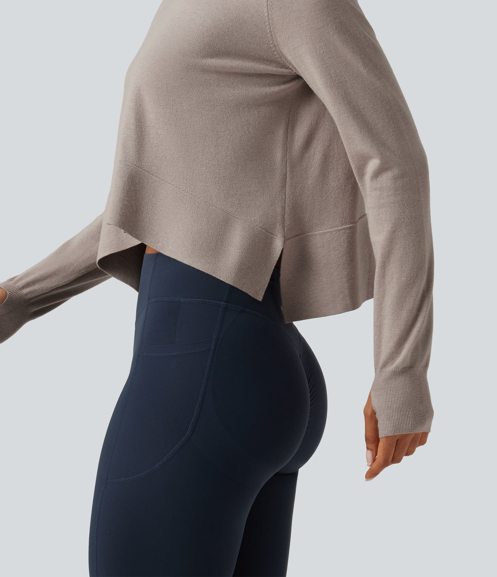 Round Neck Long Sleeve Asymmetric Thumb Holes Casual Jumper — Mink Ash — view 7