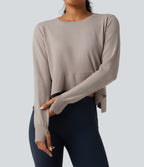 Round Neck Long Sleeve Asymmetric Thumb Holes Casual Jumper — Mink Ash — view 6
