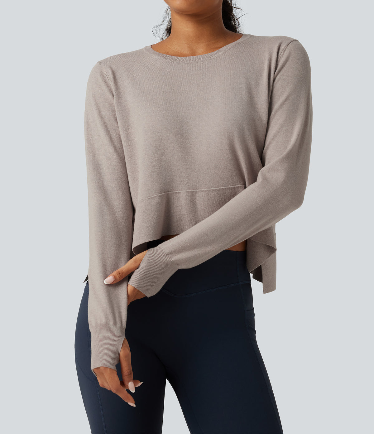 Round Neck Long Sleeve Asymmetric Thumb Holes Casual Jumper — Mink Ash — view 6