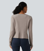 Round Neck Long Sleeve Asymmetric Thumb Holes Casual Jumper — Mink Ash — view 2