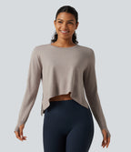 Round Neck Long Sleeve Asymmetric Thumb Holes Casual Jumper — Mink Ash — view 1