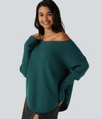 Off Shoulder Batwing Long Sleeve Work Jumper — Turquoise Green — view 4