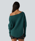 Off Shoulder Batwing Long Sleeve Work Jumper — Turquoise Green — view 2