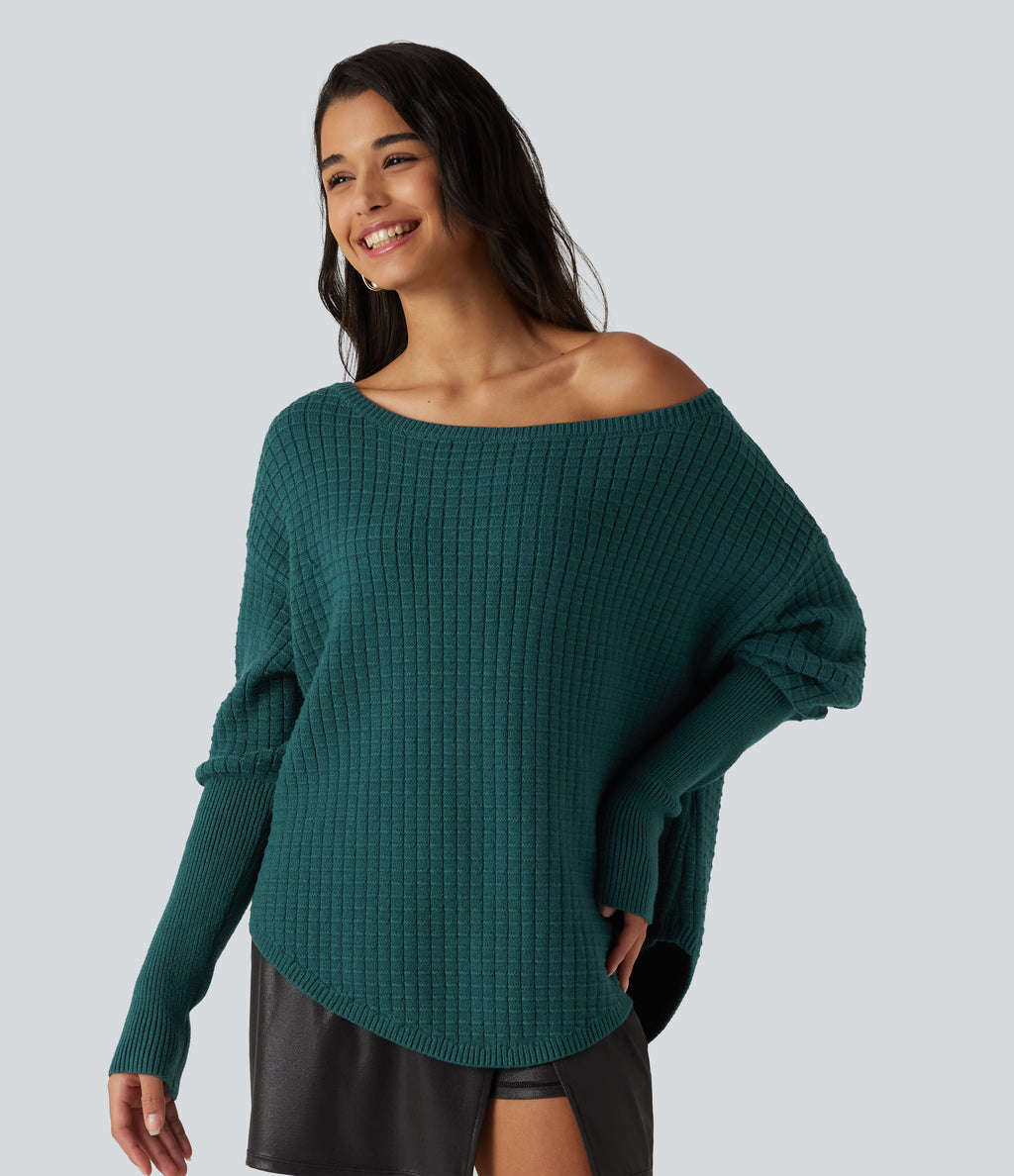Off Shoulder Batwing Long Sleeve Work Jumper — Turquoise Green — view 5