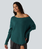 Off Shoulder Batwing Long Sleeve Work Jumper — Turquoise Green — view 5