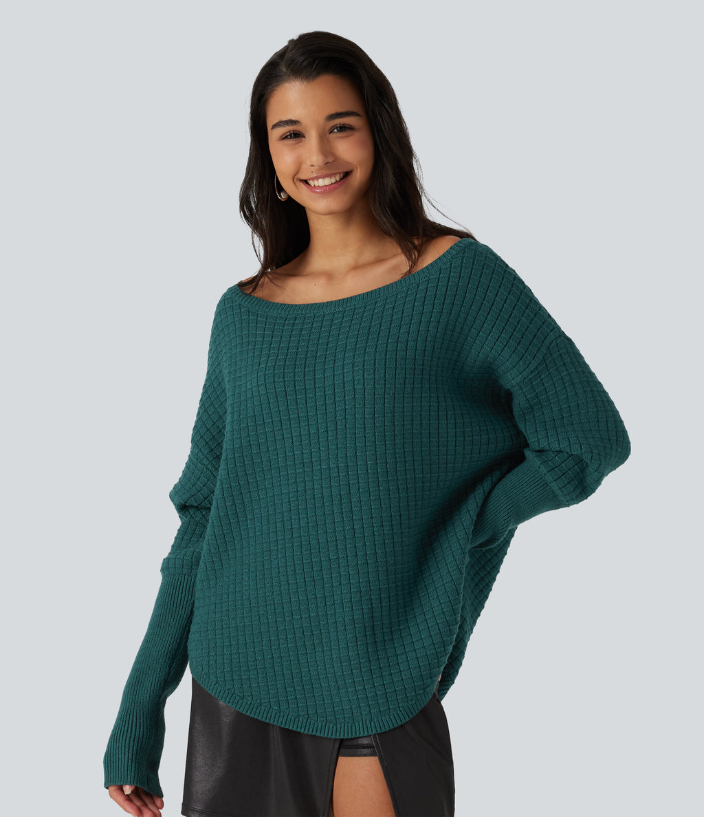 Off Shoulder Batwing Long Sleeve Work Jumper — Turquoise Green — view 1