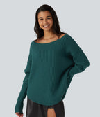 Off Shoulder Batwing Long Sleeve Work Jumper — Turquoise Green — view 1