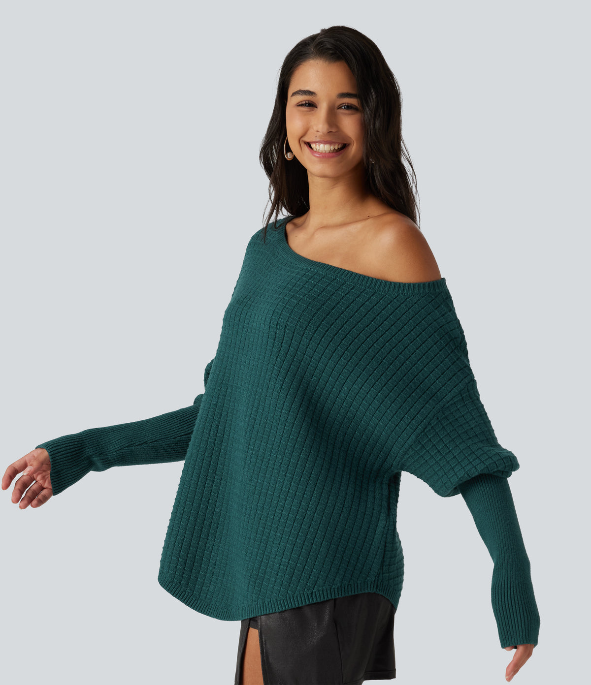 Off Shoulder Batwing Long Sleeve Work Jumper — Turquoise Green — view 3