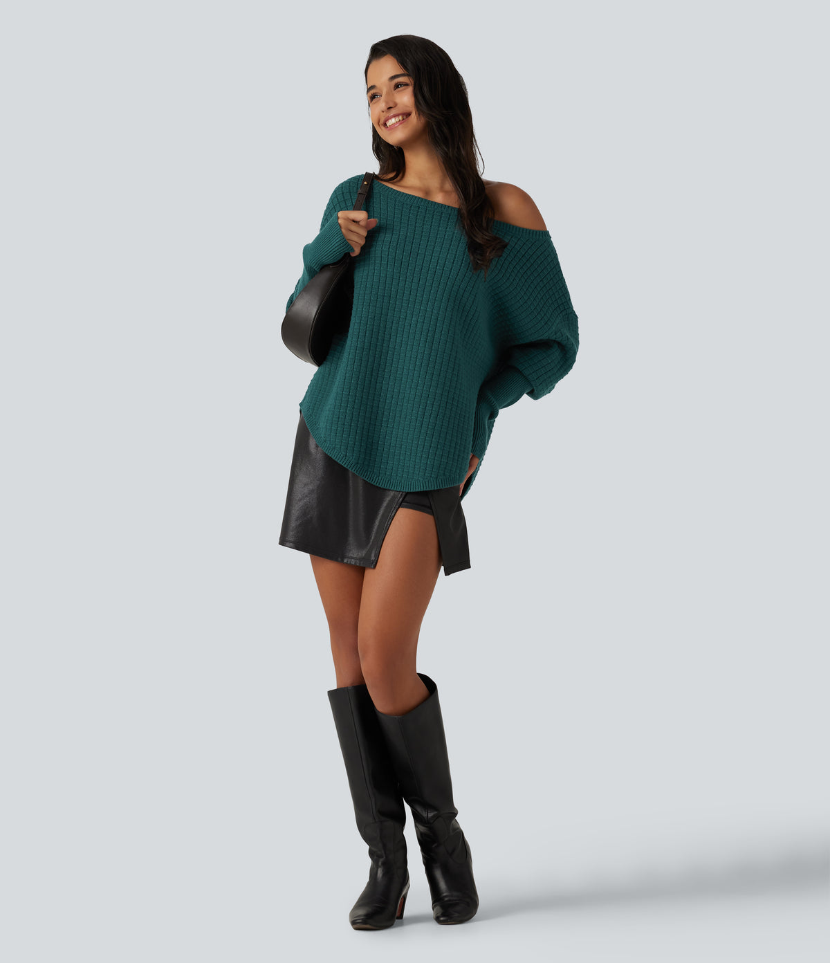 Off Shoulder Batwing Long Sleeve Work Jumper — Turquoise Green — view 6