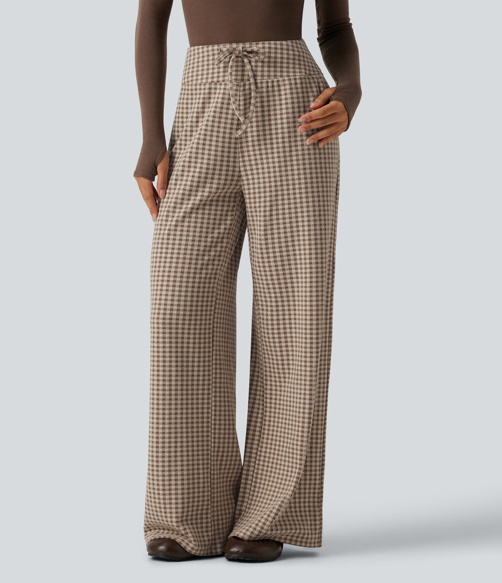 Mid Rise Plaid Drawstring Casual Baggy Trousers with Pockets — Paris Café Check — view 1