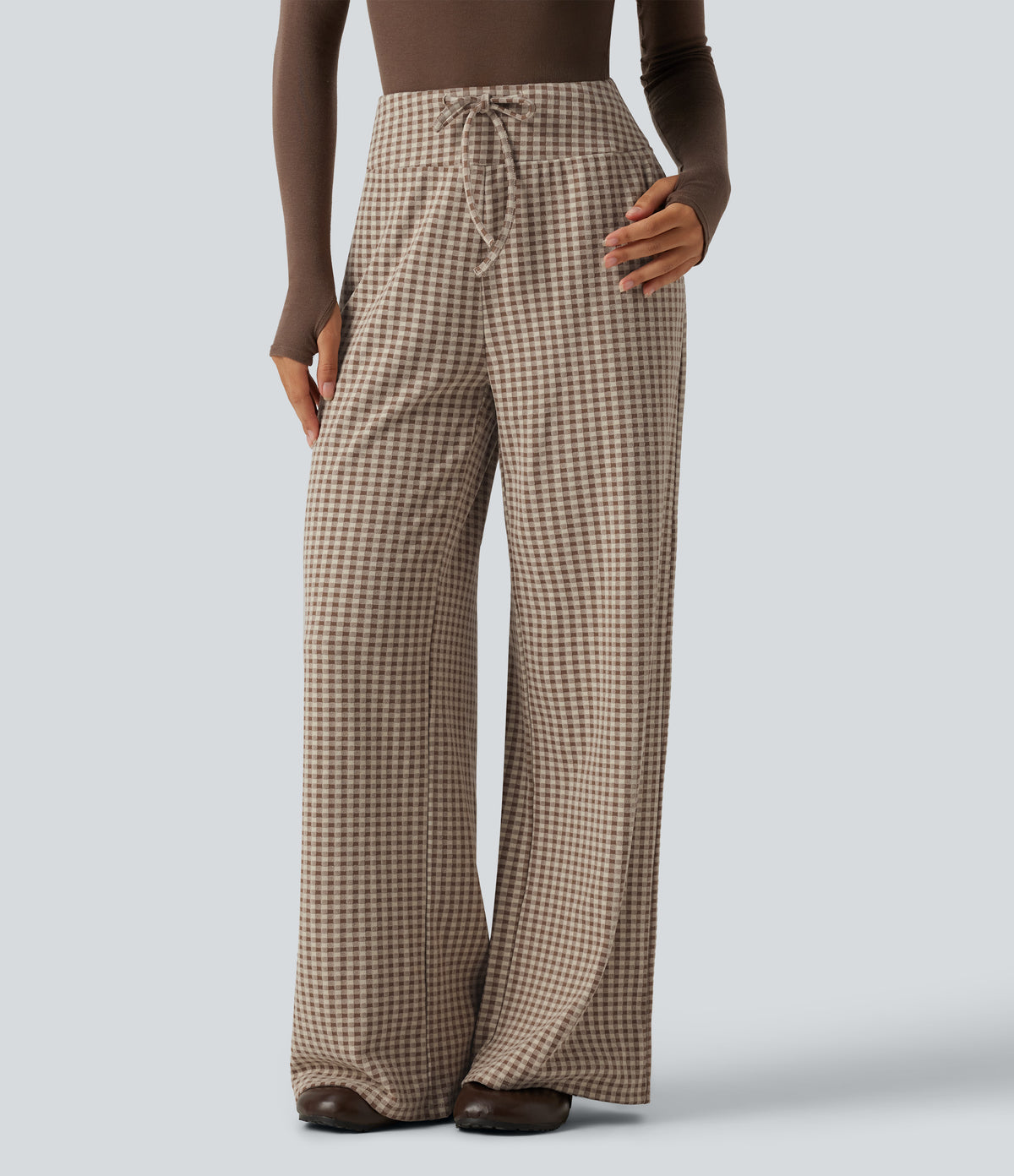 Mid Rise Plaid Drawstring Casual Baggy Trousers with Pockets — Paris Café Check — view 1