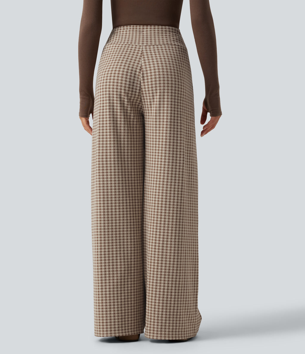 Mid Rise Plaid Drawstring Casual Baggy Trousers with Pockets — Paris Café Check — view 2