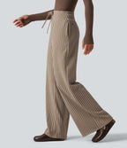 Mid Rise Plaid Drawstring Casual Baggy Trousers with Pockets — Paris Café Check — view 3