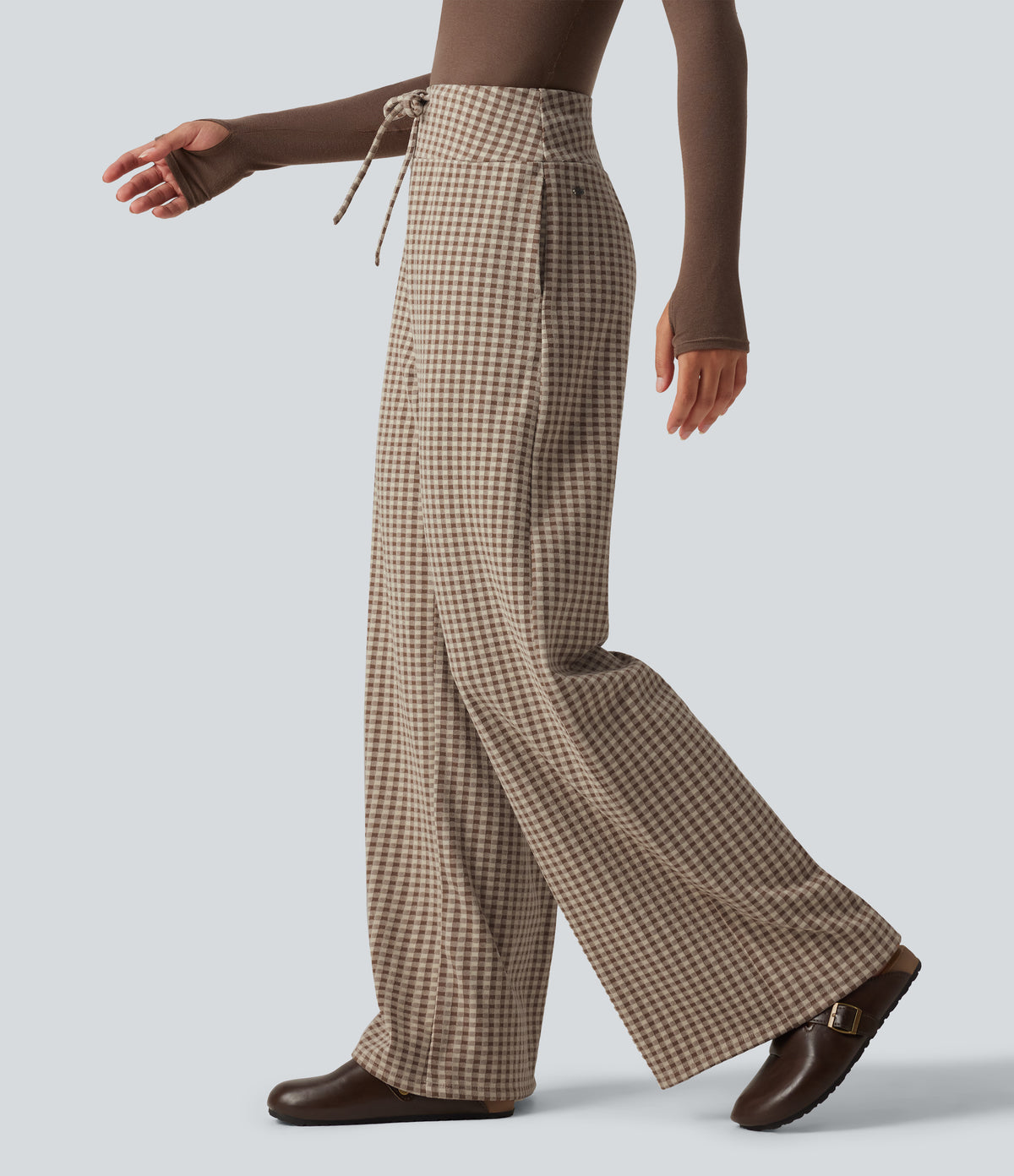 Mid Rise Plaid Drawstring Casual Baggy Trousers with Pockets — Paris Café Check — view 3