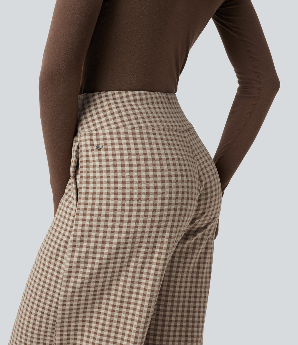 Mid Rise Plaid Drawstring Casual Baggy Trousers with Pockets — Paris Café Check — view 7
